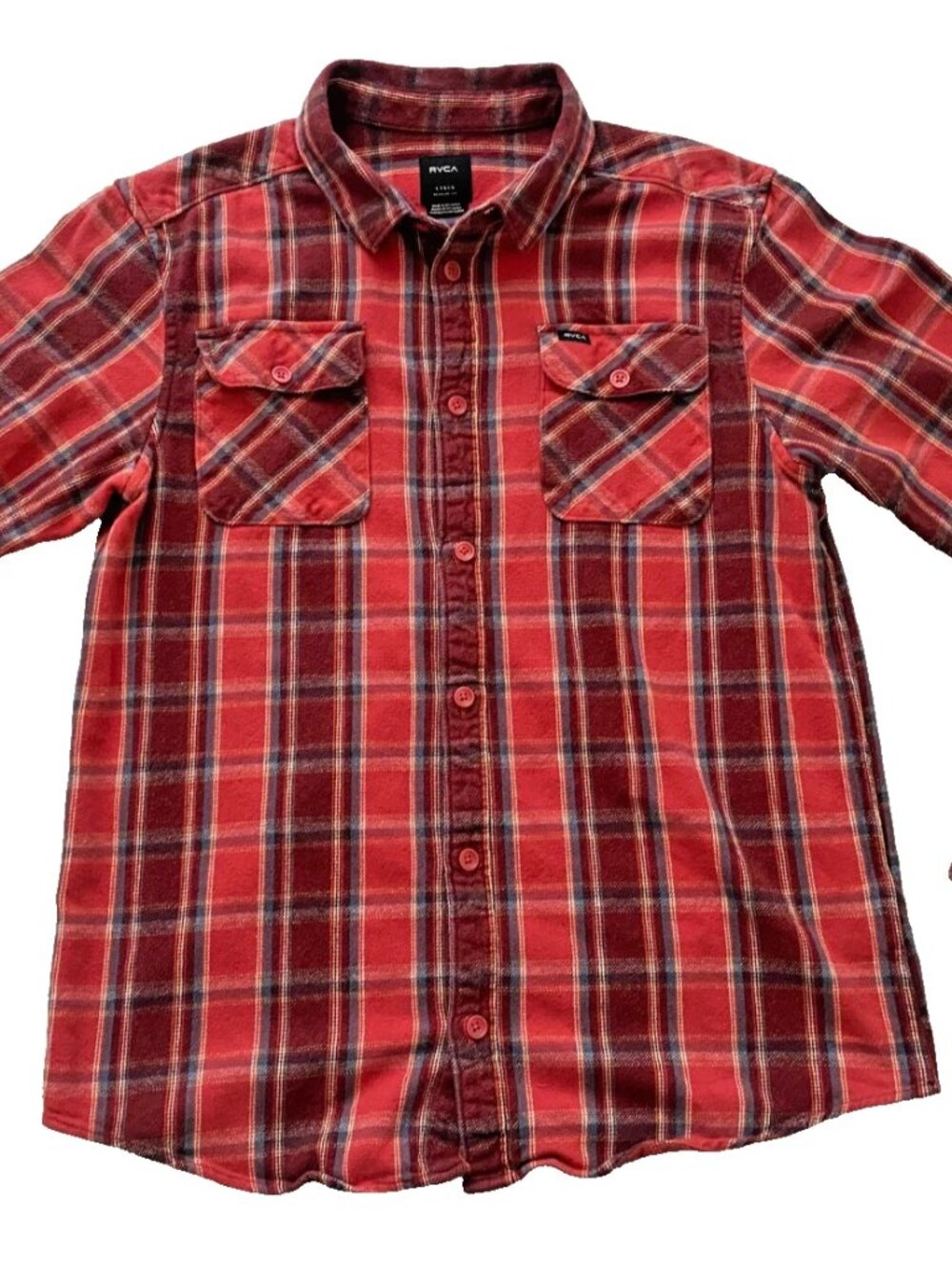 RVCA Red Blue Plaid Long Sleeve Button Up Flannel Shirt